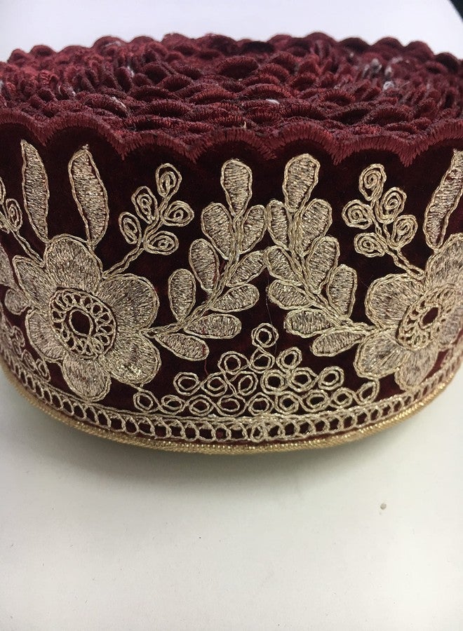 HEMDEV Surat Flower التطريز الثقيل، حواف من الدانتيل المخملي للبلوزة، الساري، كورتي، الفساتين، بانداني، لينجا، دوباتا، شريط زخرفي (عرض 7 سم) (9 متر) (كستنائي) - Image 3